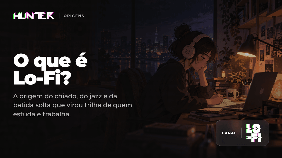 Ilustração em estilo anime de uma garota de fone de ouvido estudando à noite, com a cidade chuvosa pela janela