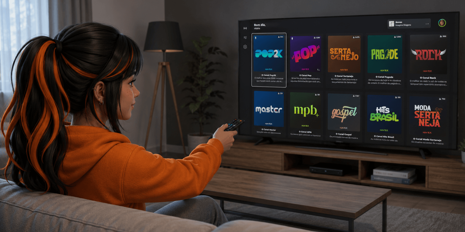 Hunter.FM tocando em uma Roku TV na sala